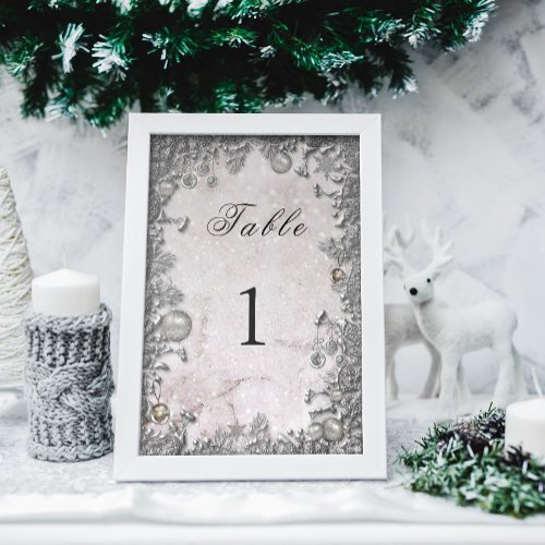 Silver Ornaments Sparkling Snow Winter Wedding Table Number