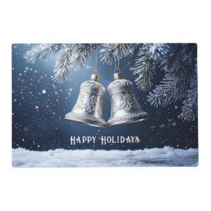 Silver Ornate Bells on Frosty Pines Paper Placemat