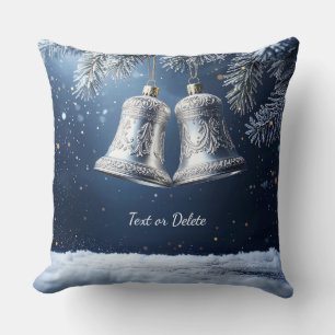 Silver Ornate Bells on Frosty Pines Throw Pillow
