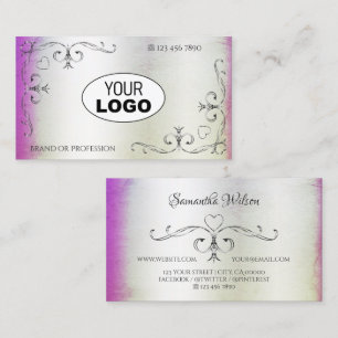 Silver Ornate Corners and Logo Purple Pink Shimmer Business Card