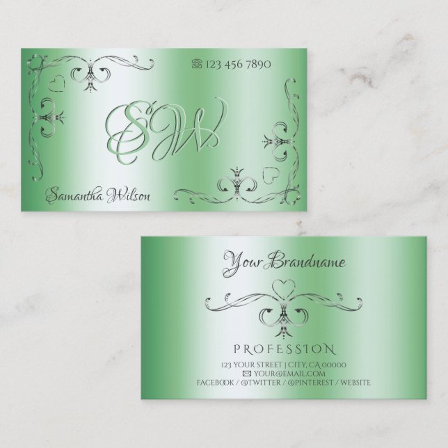 Silver Ornate Corners Initials Chic Luminous Green Business Card (Front/Back)