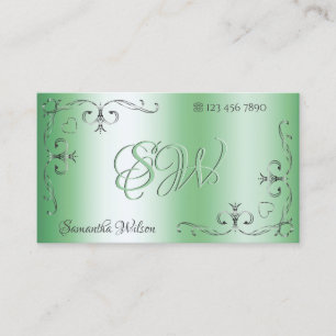 Silver Ornate Corners Initials Chic Luminous Green Business Card