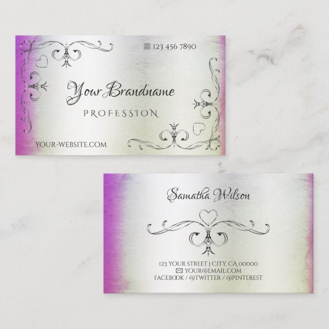 Silver Ornate Corners Purple Pink Shimmery Marble Business Card (Front/Back)