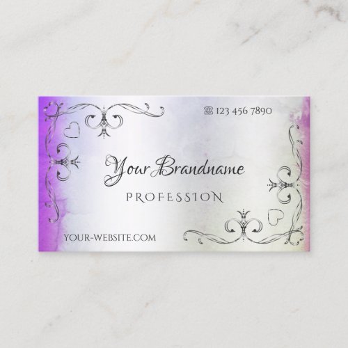 Silver Ornate Corners Purple Pink Shimmery Marble Business Card
