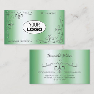 Silver Ornate Corners with Logo Luminous Green Business Card