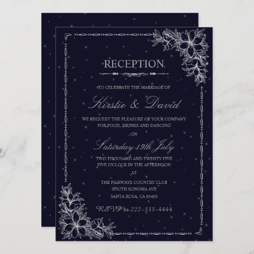 Silver Ornate Floral  Border Wedding Reception Invitation
