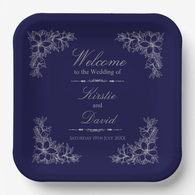 Silver Ornate Floral Wedding Paper Plates (Front)