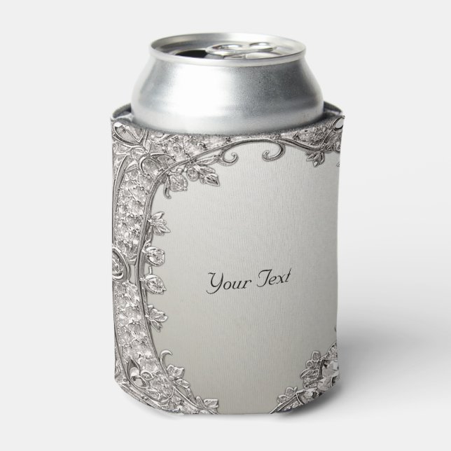 Silver Ornate Modern Favor Can Cooler (Can Front)