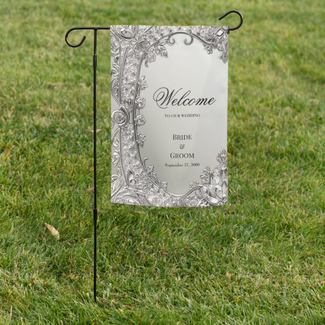 Silver Ornate Modern Garden Flag (In SItu)