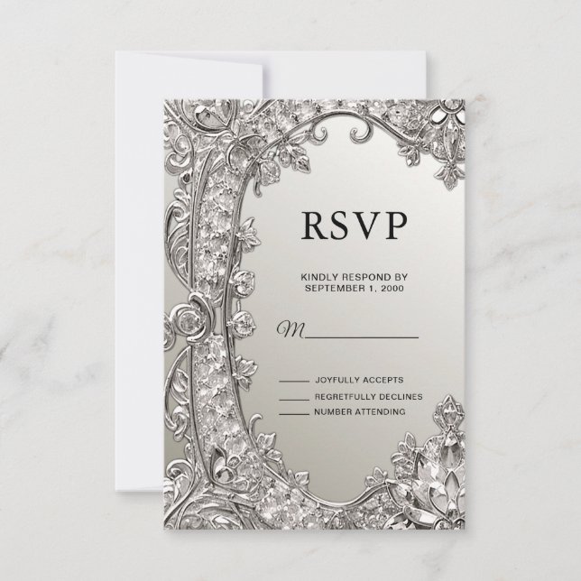 Silver Ornate Modern RSVP Card (Front)