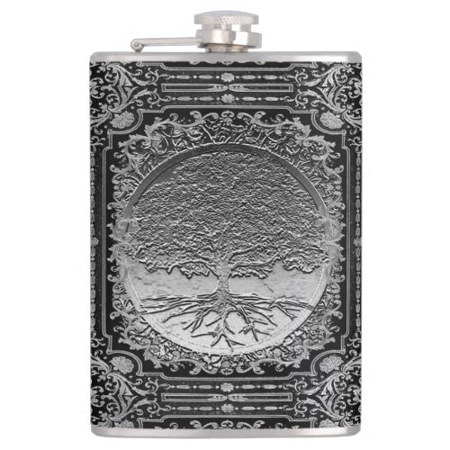 Silver Ornate Tree of Life Ancient Rustic Flask