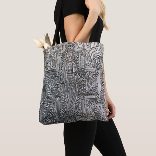 silver orthodox religious book metal decoration co tote bag