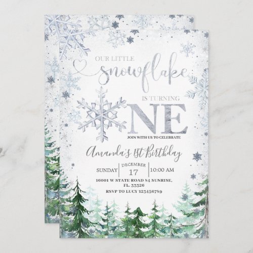 Silver Our little Snowflake Winter Forest Birthday Invitation