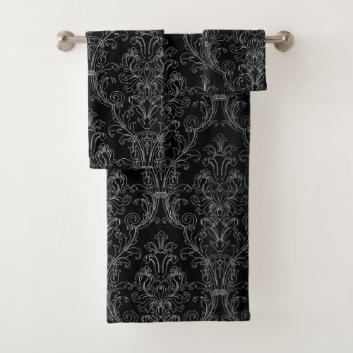 Silver Outline Black Floral Damask Bath Towel Set