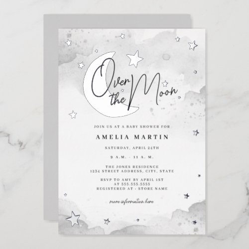 Silver Over the Moon Baby Shower Foil Invitation