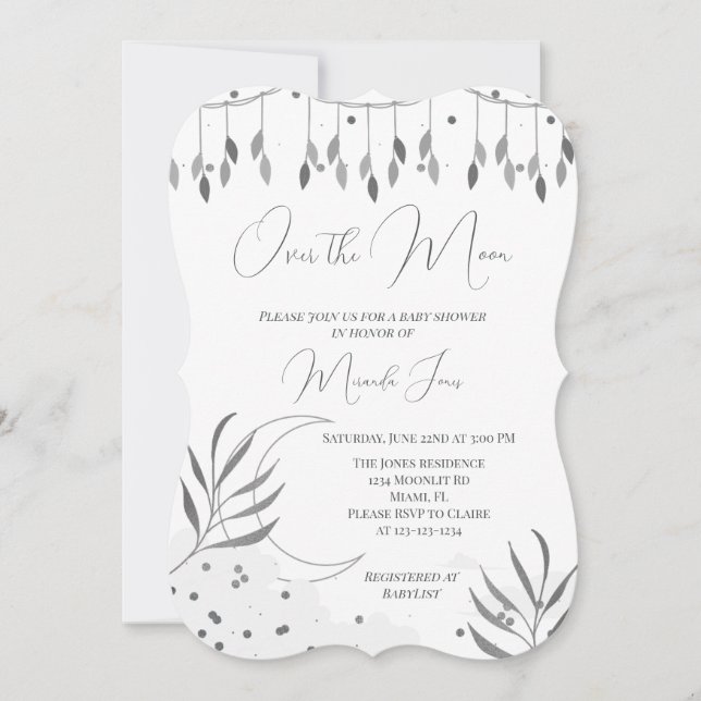 Silver Over the Moon Modern Baby Shower Invitation (Front)