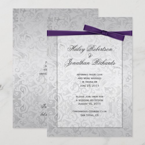 Silver Overlay Purple Ribbon Bow Post Wedding Personalized Announcement