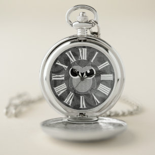Silver Owl with Bold White Roman Numerals Pocket Watch