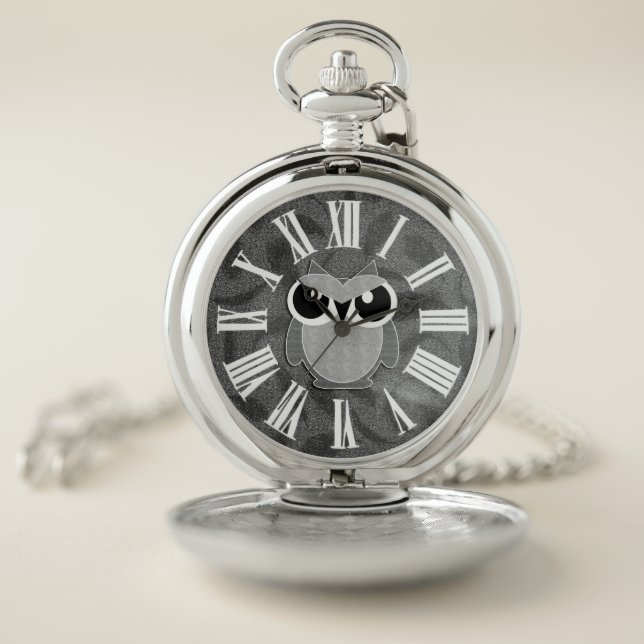 Silver Owl with Bold White Roman Numerals Pocket Watch (Inside)