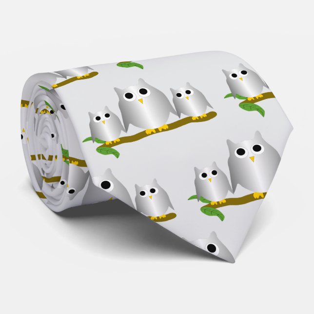 Silver Owls Design Any Colour Background Neck Tie (Rolled)