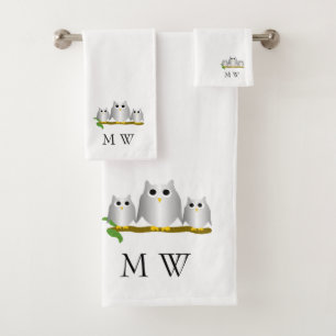 Silver Owls Design Monogrammed Bath Towel Set