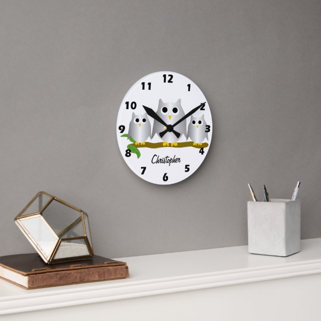 Silver Owls Design Personalised Round Clock (Office)
