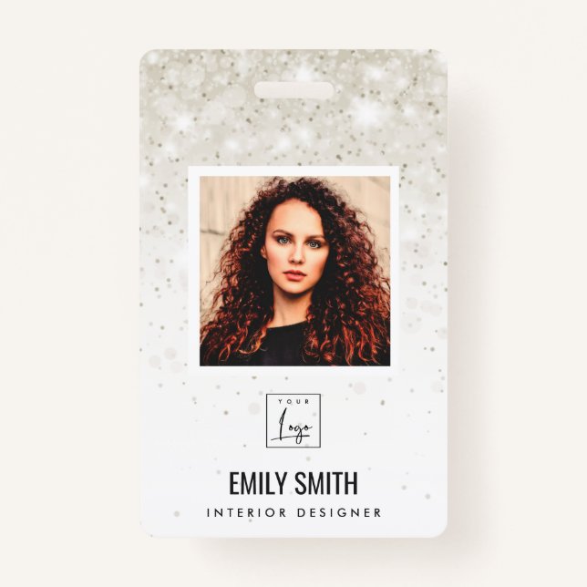 SILVER PALE GLITTER EMPLOYEE PHOTO BARCODE NAME BADGE (Front)