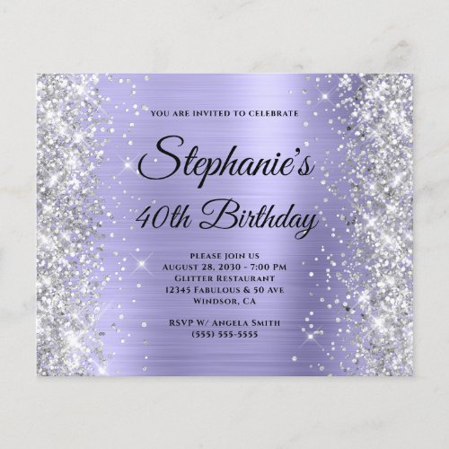 Silver Pale Purple Glam Monogram 40th Birthday Flyer
