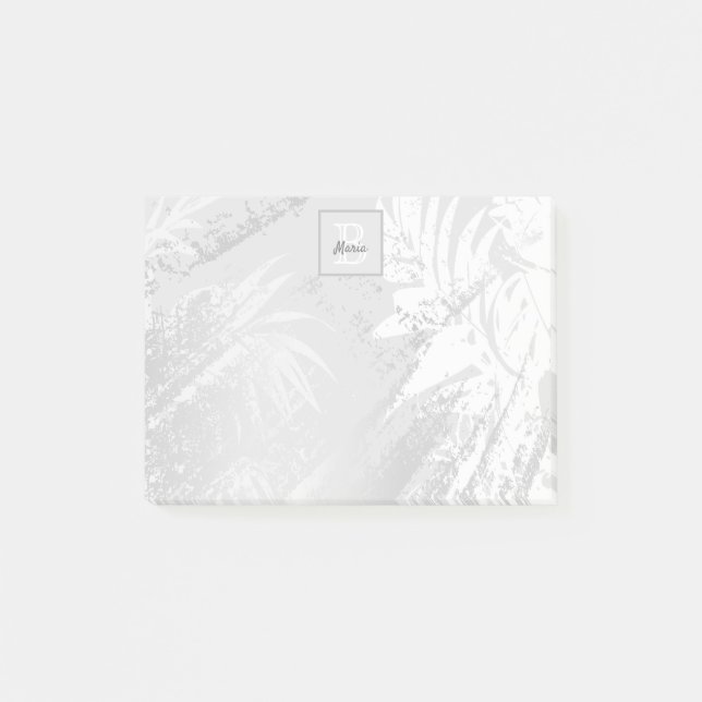Silver palm leaves monogram script chic post-it notes (Front)