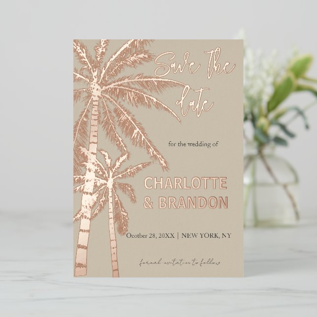  Silver Palm Trees Beach Wedding  Foil Invitation (Standing Front)