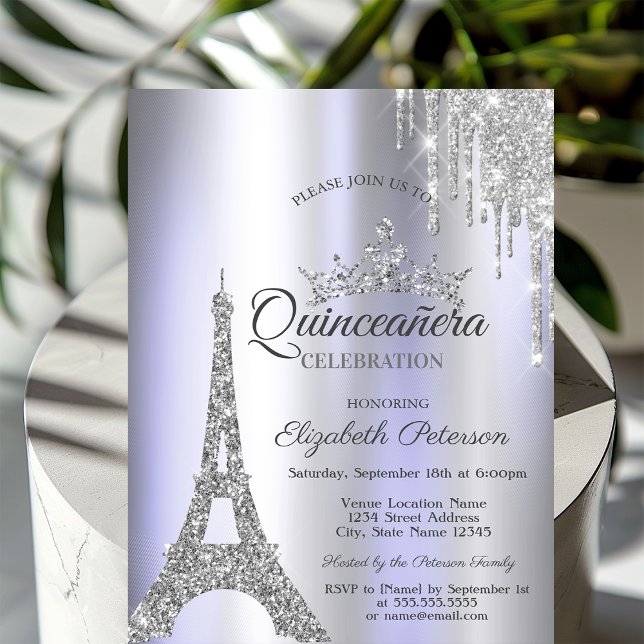 Silver Paris Eiffel Tower,Drip Violet Quinceañera  Invitation (Creator Uploaded)