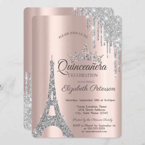 Silver Paris Eiffel TowerDrips Quinceaera  Invitation