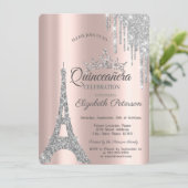 Silver Paris Eiffel Tower,Drips Quinceañera  Invitation (Standing Front)