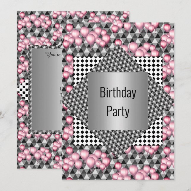 Silver Patterned Pink Balloon All Occassion PARTY Invitation (Front/Back)
