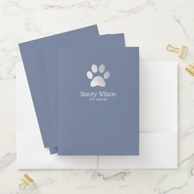 Silver Paw Print Logo On Blue Background  Pocket Folder (In Situ)