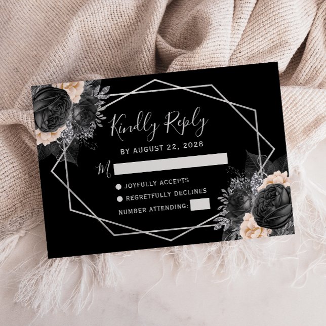 Silver Peach Black Floral Geometric RSVP Card (Creator Uploaded)