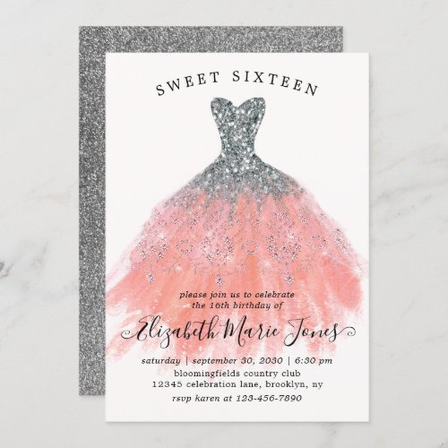 Silver Peach Glitter Dress Sweet 16th Birthday Invitation