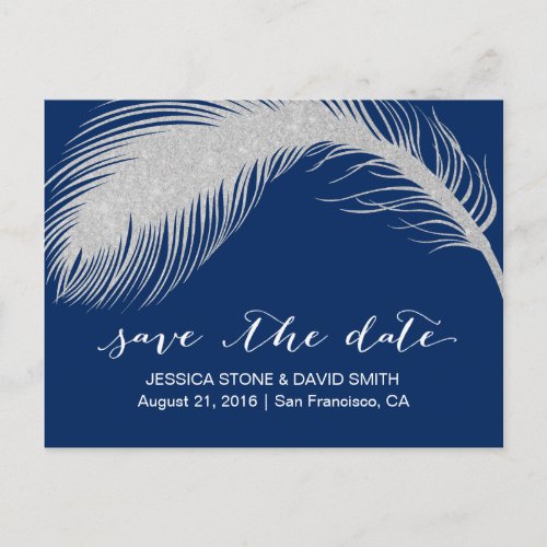 Silver Peacock Feather Navy Blue Save the Date Announcement Postcard