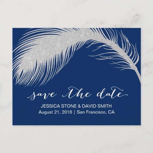 Silver Peacock Feather Navy Blue Save the Date Announcement Postcard (Front)