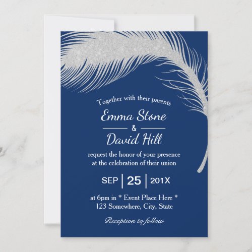 Silver Peacock Feather Navy Blue Wedding Invitation