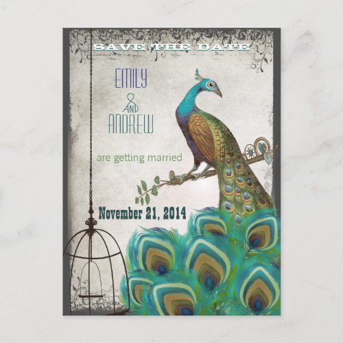 Silver Peacock Feathers Birdcage Save the Date Announcement Postcard