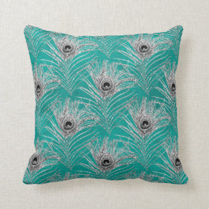 Silver Peacock Feathers on Teal Throw Pillow