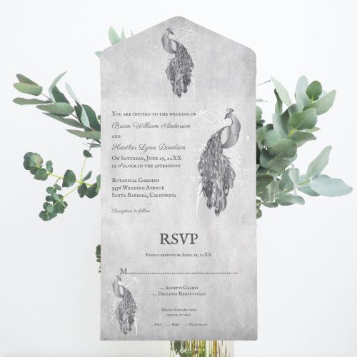 Silver Peacock Wedding All In One Invitation