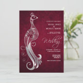 Silver Peacock Wedding Burgundy ID485 Invitation (Standing Front)