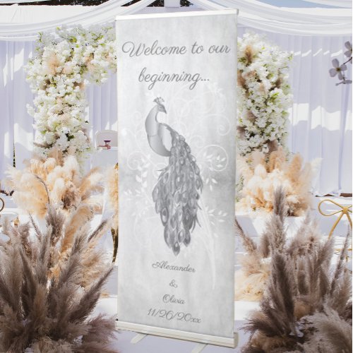 Silver Peacock Wedding Retractable Banner