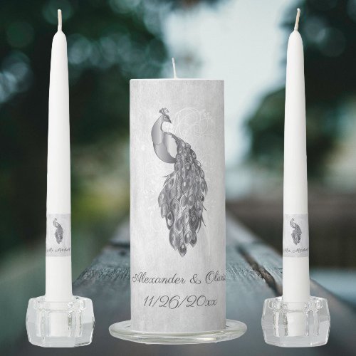Silver Peacock Wedding Unity Candle Set