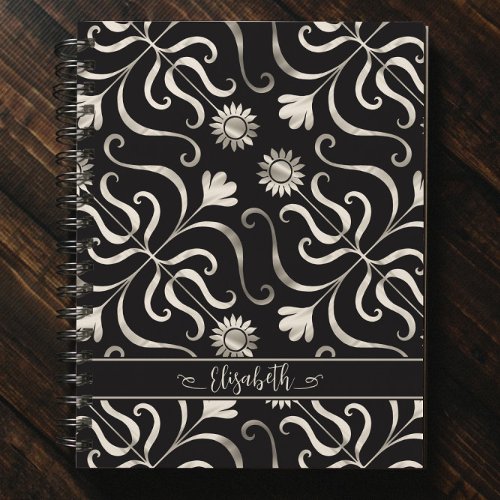  Silver Pearl Floral Damask Sunflower Classy Black Notebook