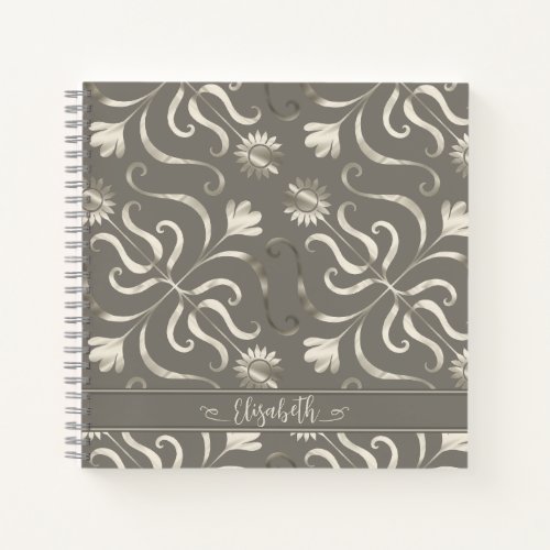 Silver  Pearl Floral Damask Sunflower Classy Grey Notebook