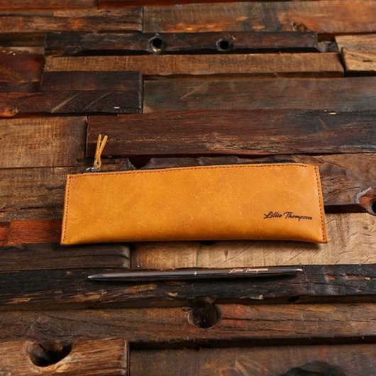 Silver Pen with Stylish Zip Leather Pencil Case (Front)