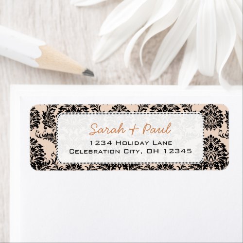 Silver Peony Black Damask Return Address Labels